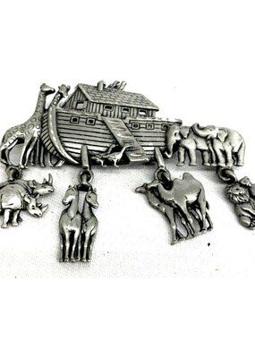 JJ JONETTE Pewter Noah's Ark Dangling Animal Charms Brooch Lapel Pin 2.75"